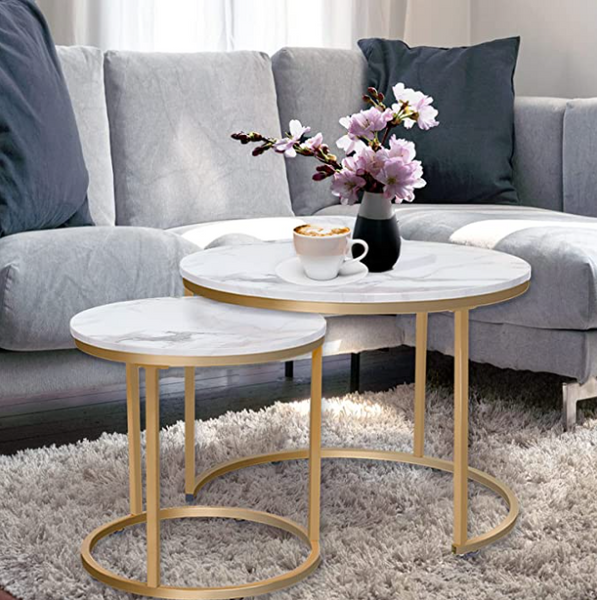 Coffee Table Nesting White Set of 2 Side Set Golden Frame Circular and Marble Pattern Wooden Tables, Living Room Bedroom Apartment Modern Industrial Simple Nightstand