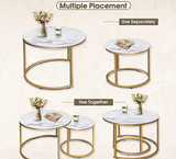 Coffee Table Nesting White Set of 2 Side Set Golden Frame Circular and Marble Pattern Wooden Tables, Living Room Bedroom Apartment Modern Industrial Simple Nightstand