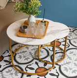 Coffee Table Nesting White Set of 2 Side Set Golden Frame Circular and Marble Pattern Wooden Tables, Living Room Bedroom Apartment Modern Industrial Simple Nightstand