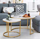 Coffee Table Nesting White Set of 2 Side Set Golden Frame Circular and Marble Pattern Wooden Tables, Living Room Bedroom Apartment Modern Industrial Simple Nightstand