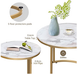 Coffee Table Nesting White Set of 2 Side Set Golden Frame Circular and Marble Pattern Wooden Tables, Living Room Bedroom Apartment Modern Industrial Simple Nightstand
