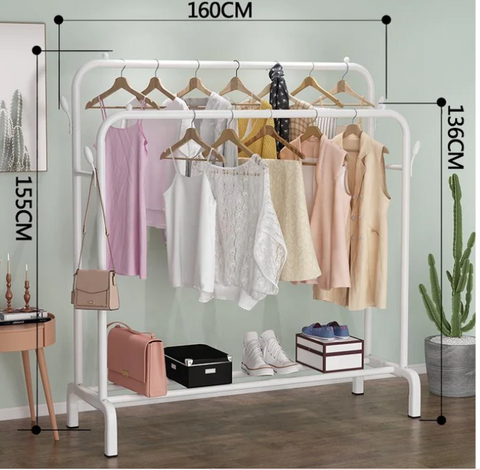 Metal Clothes storage drying rack foldable double pole With Hooks & Shoe Rack